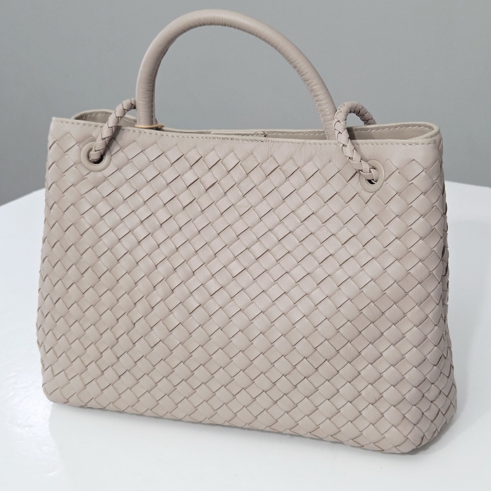 NWT QUINCE LARGE ITALIAN LEATHER HANDWOVEN SATCHEL TOTE BAG IN TAUPE - Picture 12 of 15